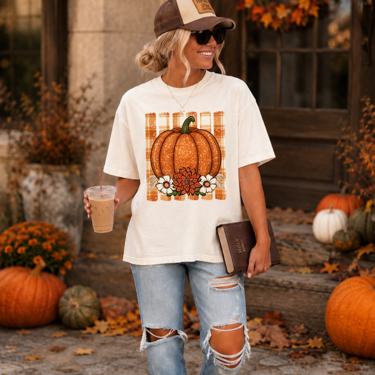 Faux glitter pumpkin checkered background (SDD) DTF Transfer