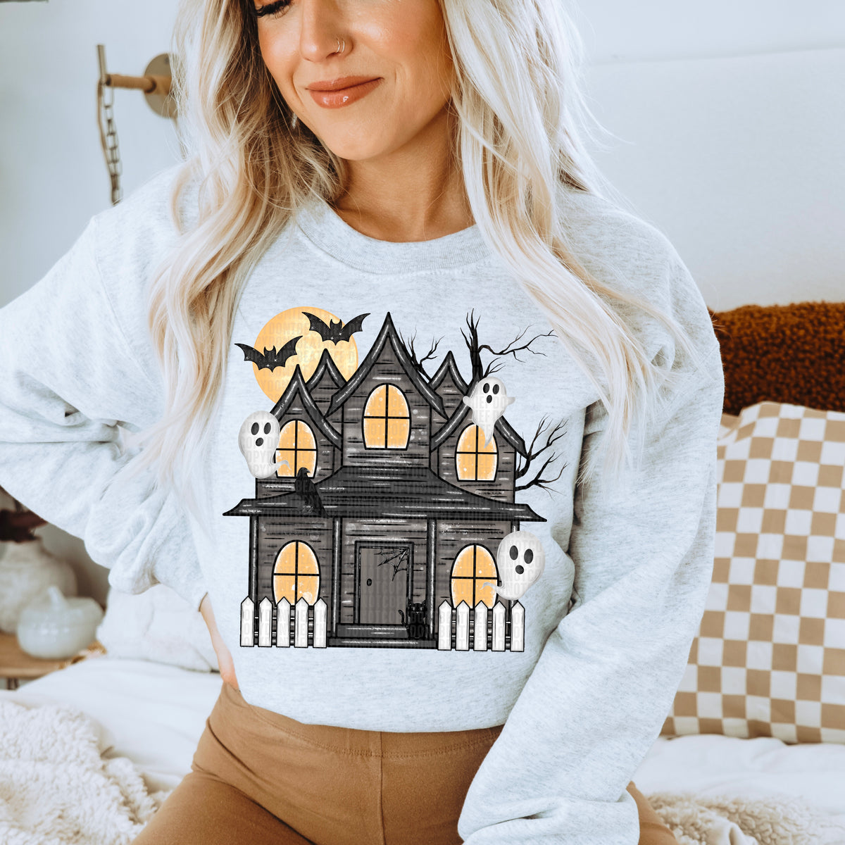 Black haunted house with ghost orange shadows DTF transfer