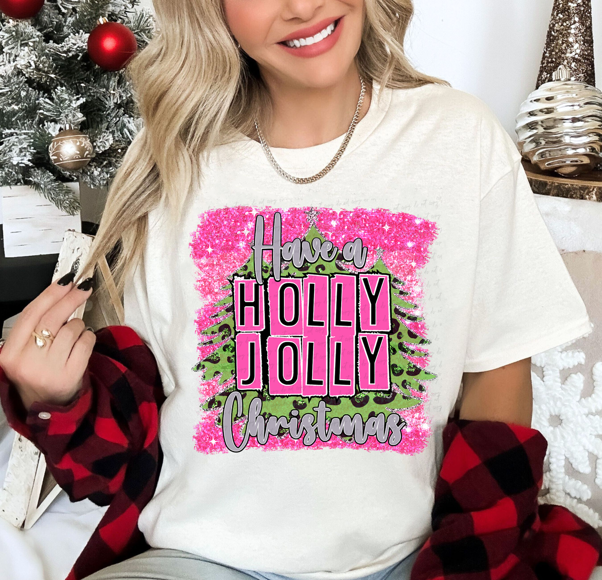 Have A Holly Jolly Christmas Pink Glitter Background 114999 DTF Transfer