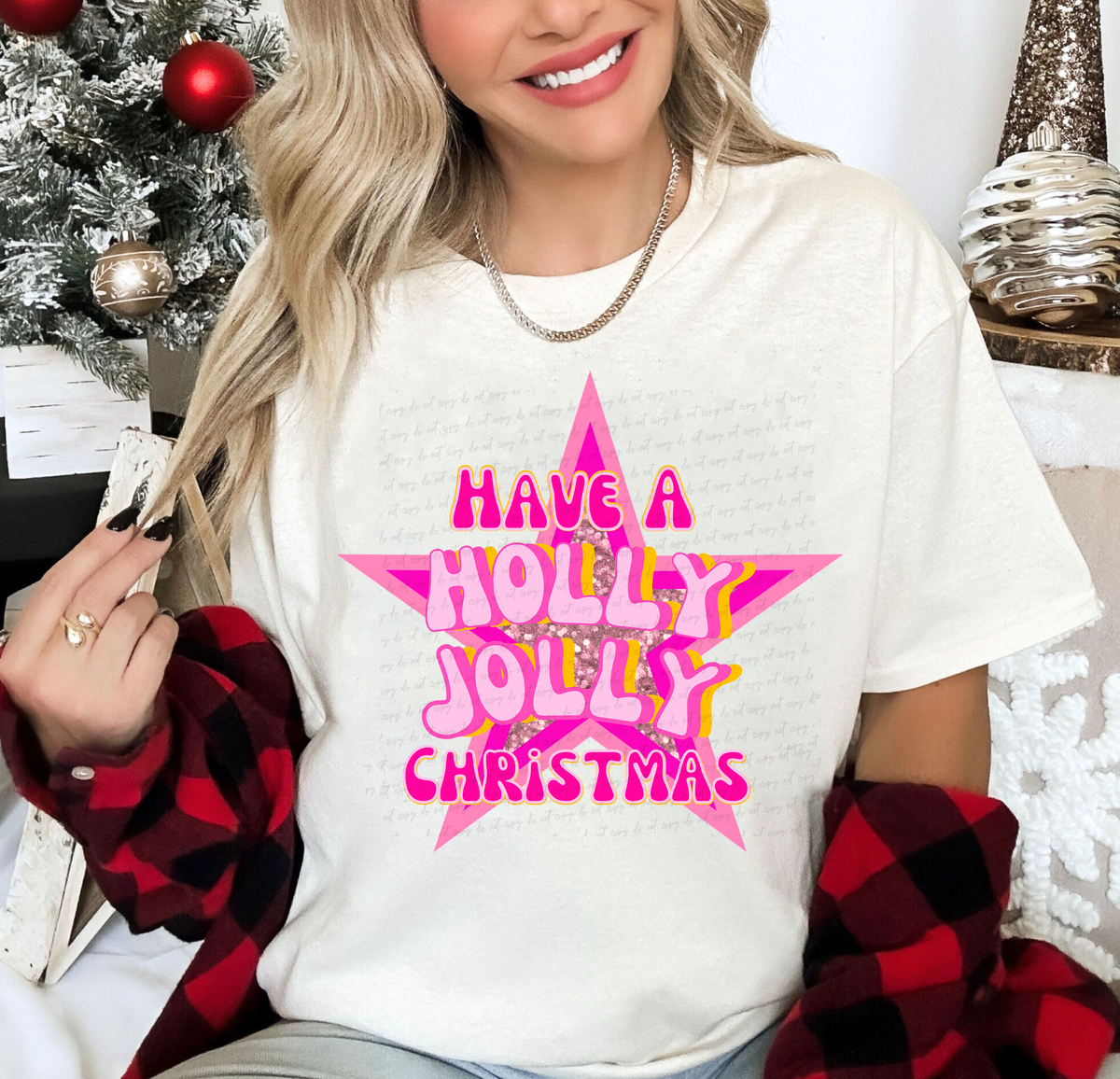 Have A Holly Jolly Christmas Pink Star Glitter Background 115022 DTF Transfer
