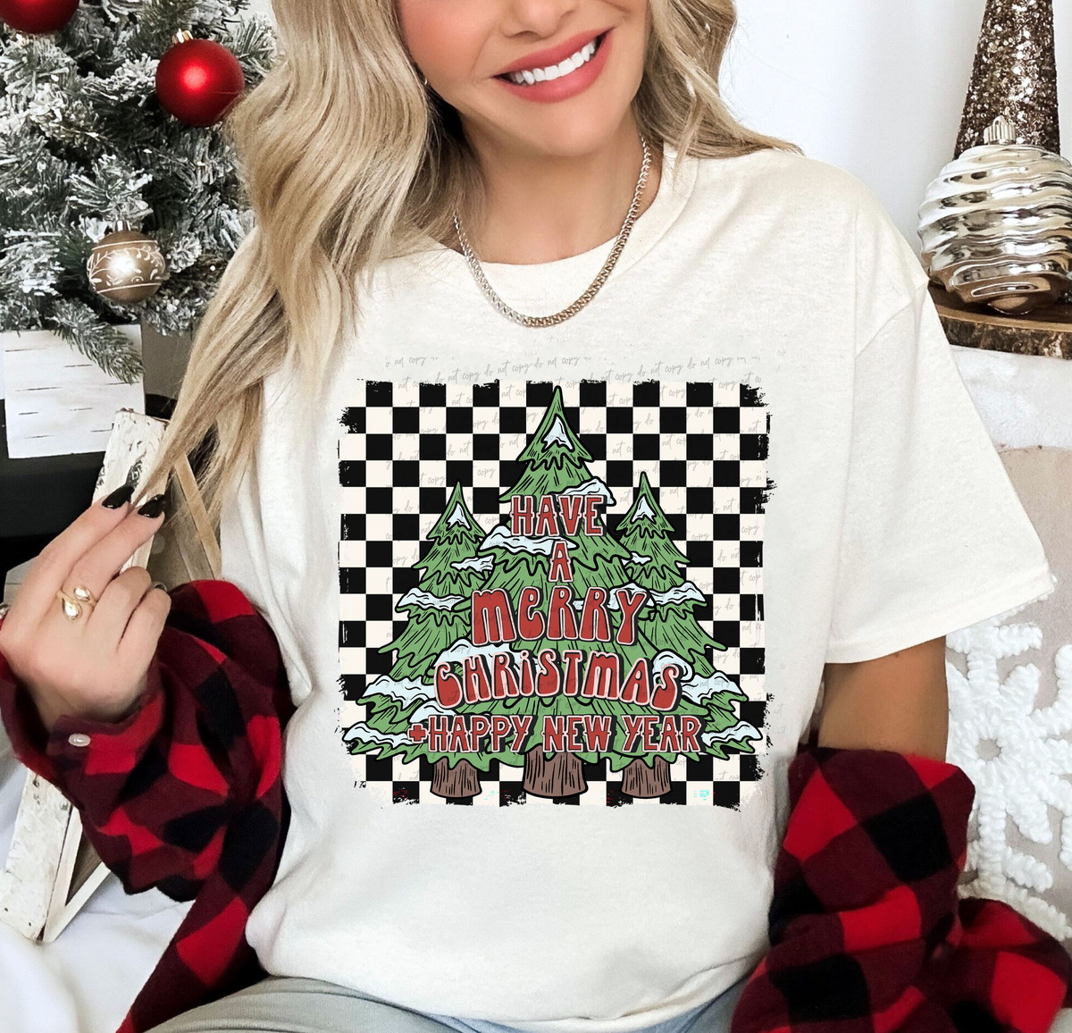 Have A Merry Christmas And Happy New Year Trees Black and White Checkered Background 115023 DTF Transfer
