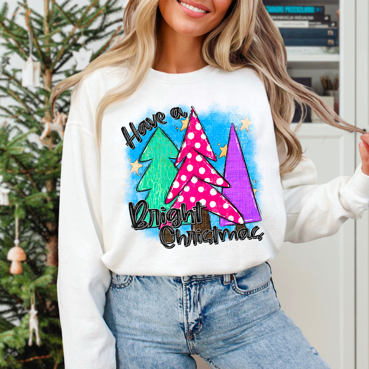 Have A Bright Christmas Teal, Pink With Polka Dots, and Purple Trees 104121 DTF transfer