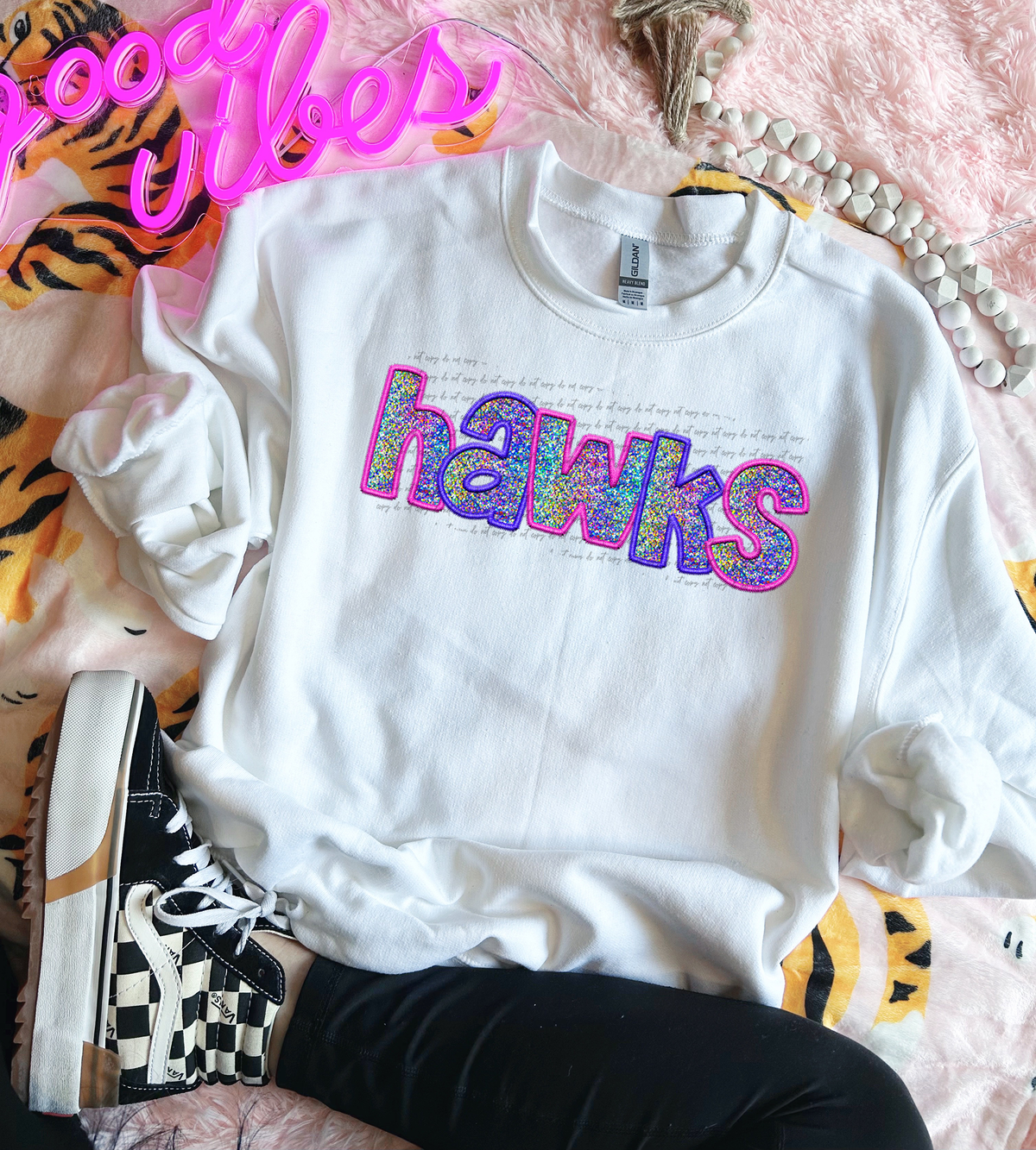 Hawks Faux Embroidery Pink Blue 76057 DTF Transfer