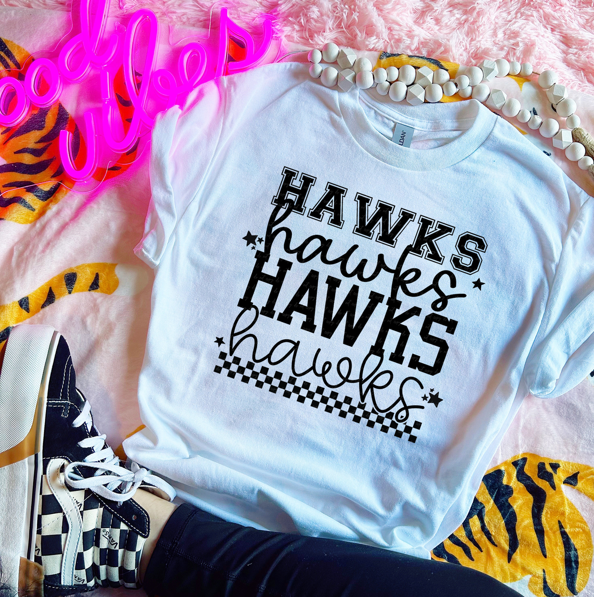 Hawks Varsity And Cursive Font Checkers Black 86623 DTF Transfer