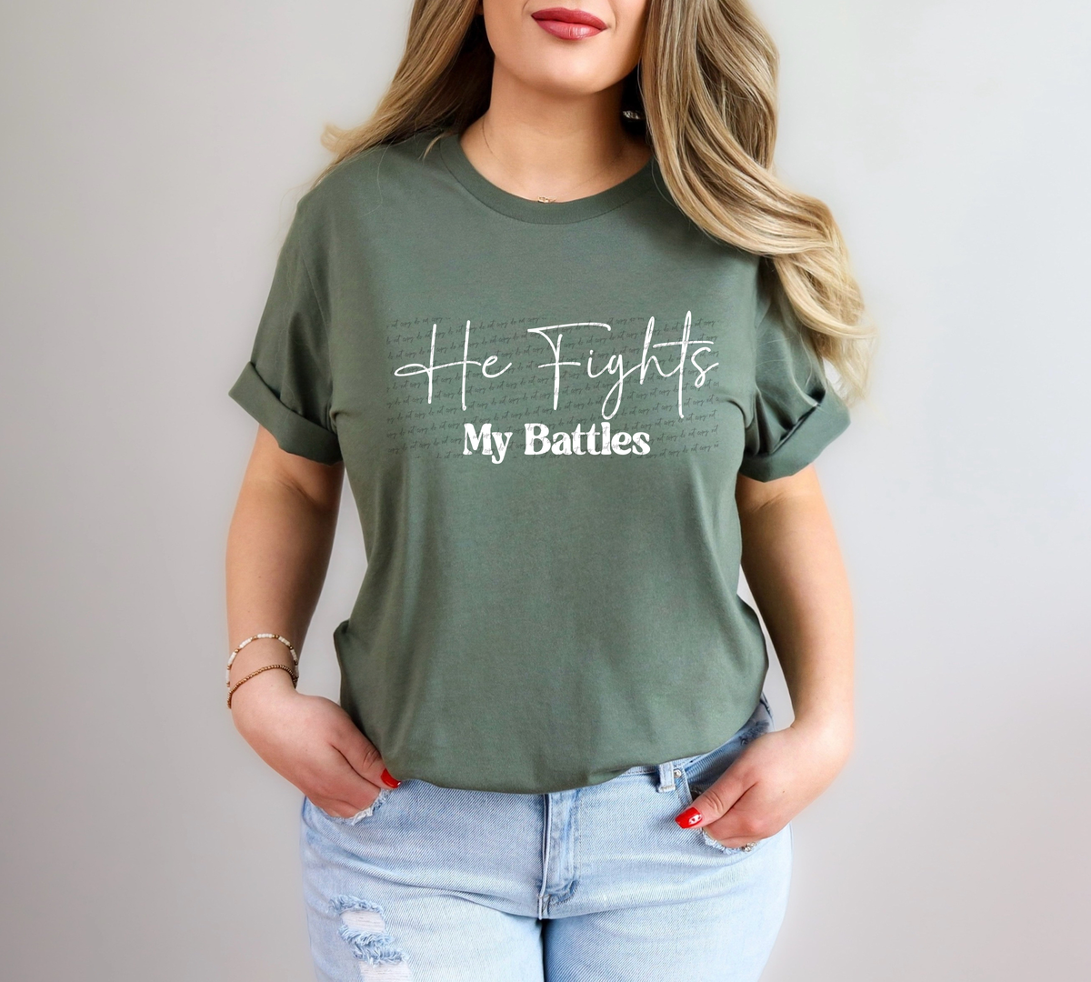 He Fights My Battles Cursive And Serif Font White 89328 DTF Transfer