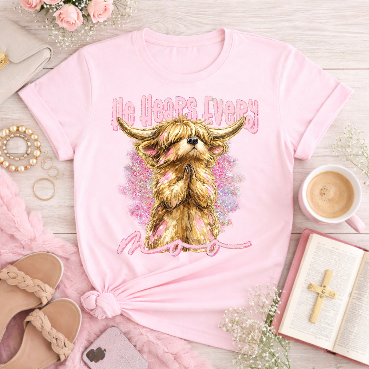 He hears every moo (cow with pink sparkly background) (SDD) DTF Transfer