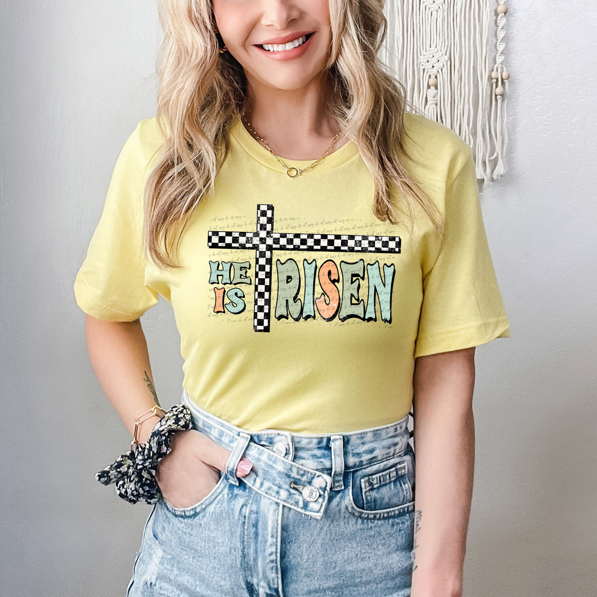 He Is Risen Checkered Cross 74526 DTF Transfer