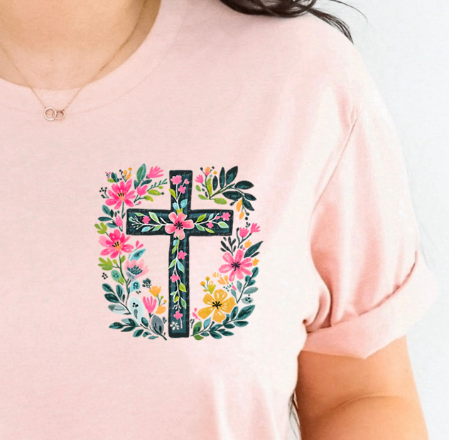He Is Risen Luke 24 6-7 Pink Floral Cross (FRONT PRINT) 76840 DTF Transfer