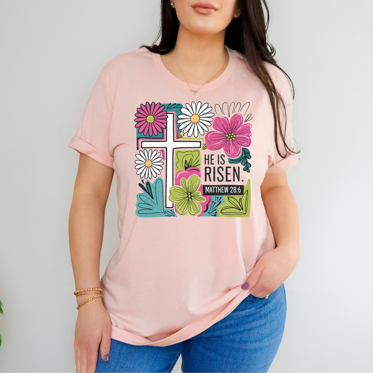 He Is Risen Matthew 28:6 Floral And Cross 86040 DTF Transfer