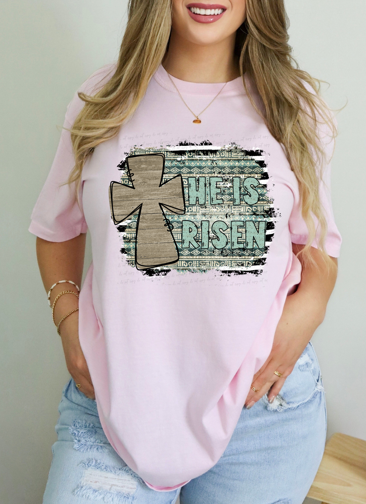 He Is Risen Teal Cross Aztec Background 115052 DTF Transfer