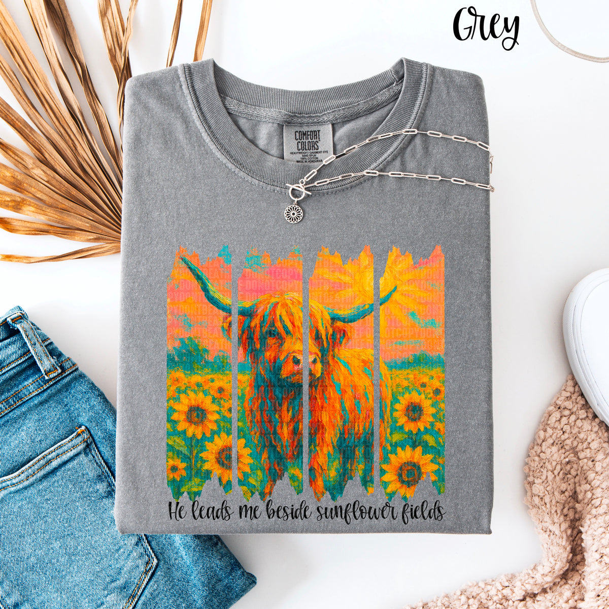 He leads me beside sunflower fields highland cow (SDD) DTF transfer