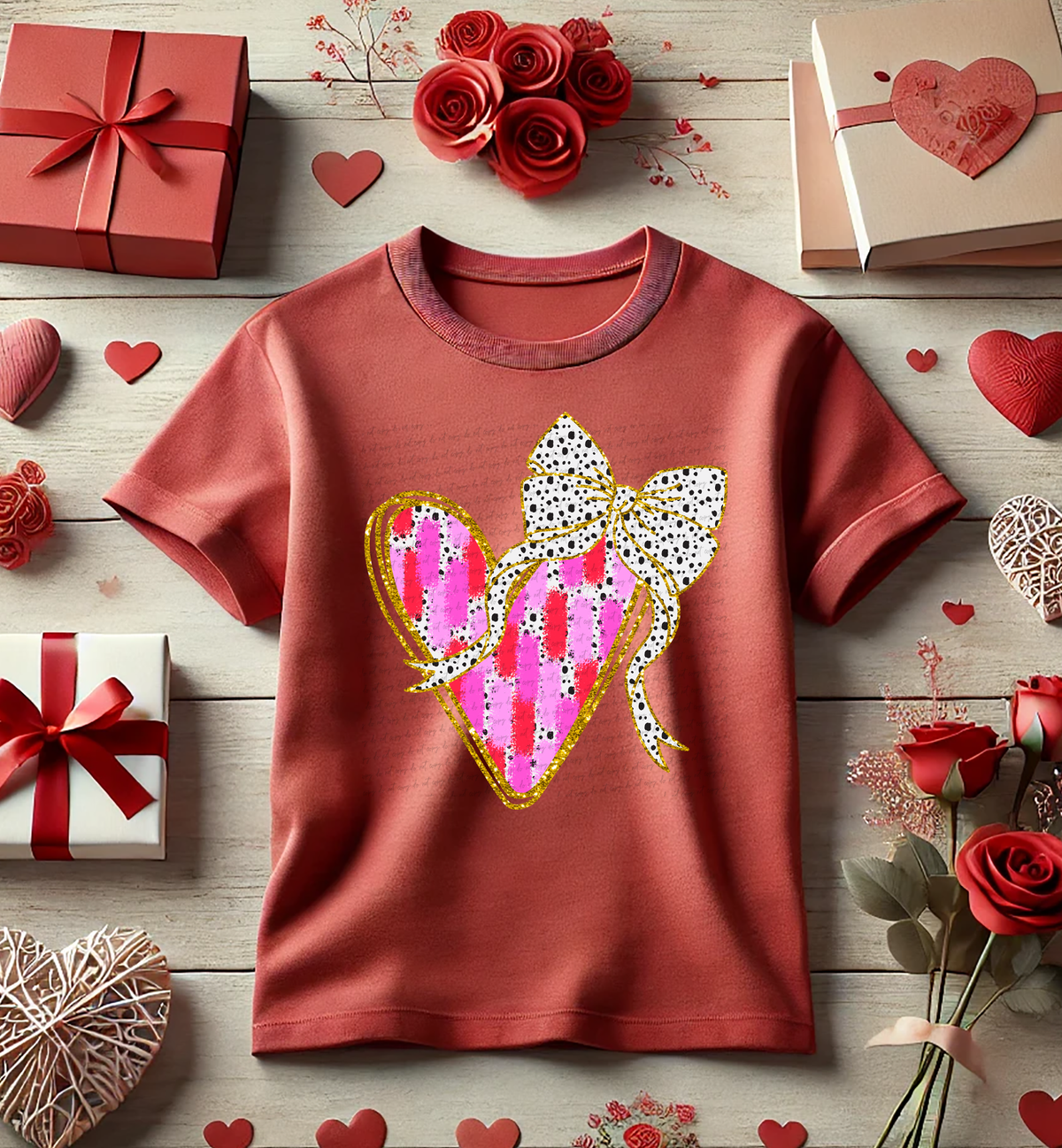 Heart Bow Gold Pink Red Brushstroke 81489 DTF Transfer