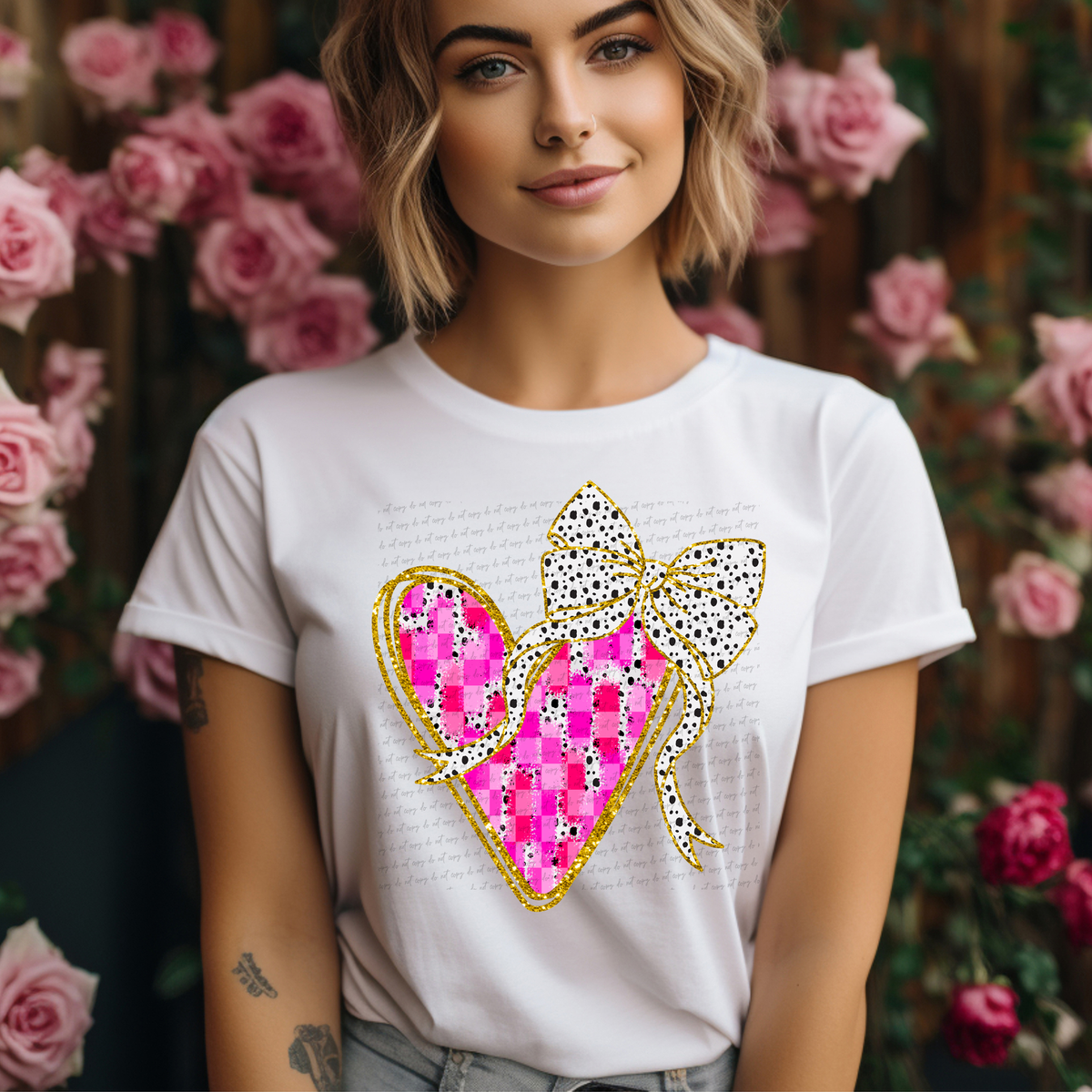 Heart Bow Gold Pink White Brushstroke 81490 DTF Transfer