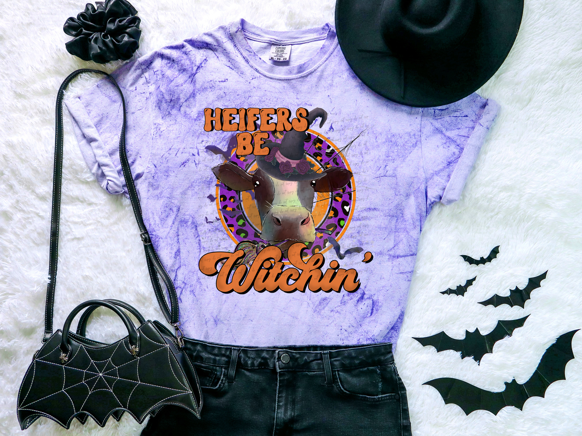 Heifers Be Witchin Orange Font Cow Circle Purple Leopard Print 115778 DTF Transfer