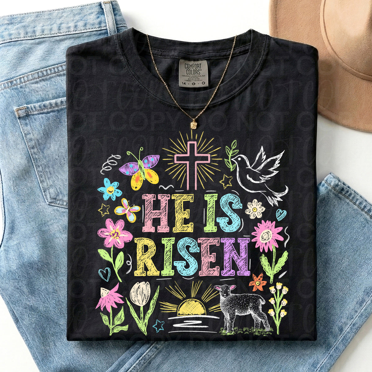 He is risen doodle pastels (cross flowers dove) (UAC) DTF Transfer