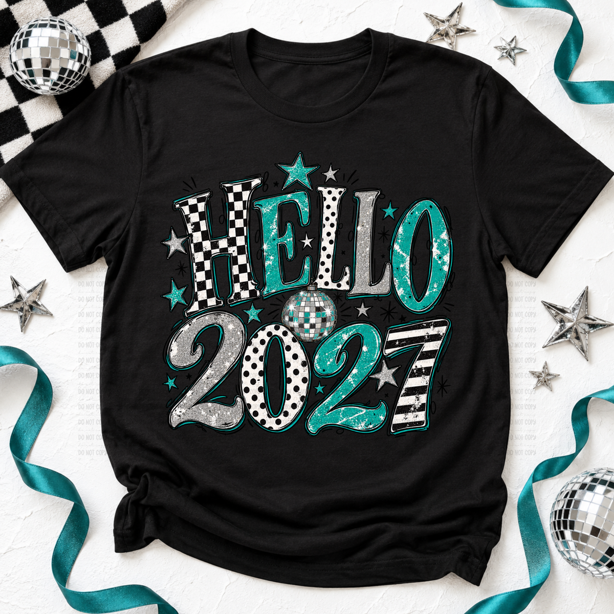 Hello 2027 teal black and white checkered and faux glitter letters (Revel) DTF Transfer