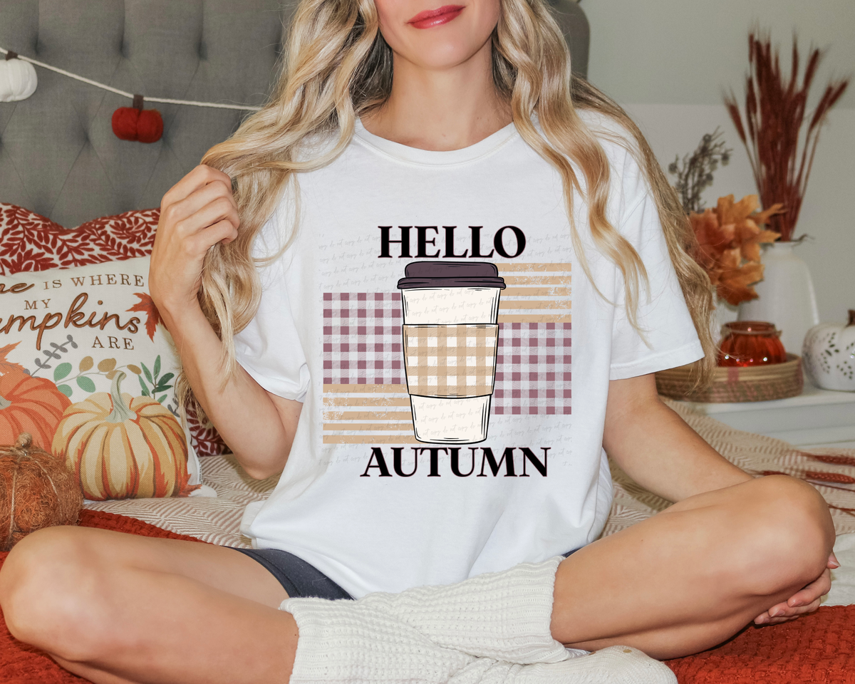 Hello Autumn Plaid Coffee Cup with Tan Lines 115915 DTF Transfer