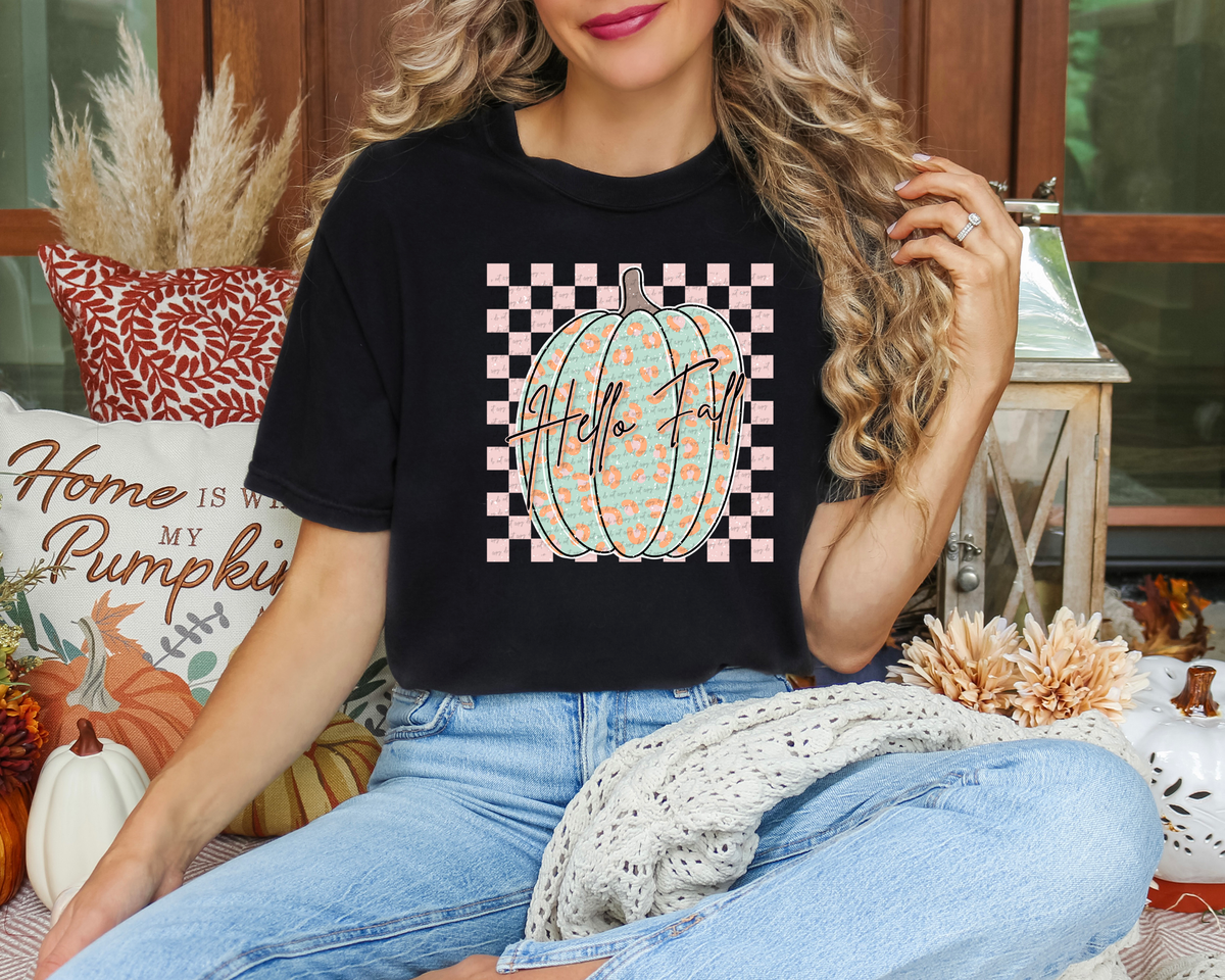 Hello Fall Pumpkin Pink Checkered 46696 DTF transfer