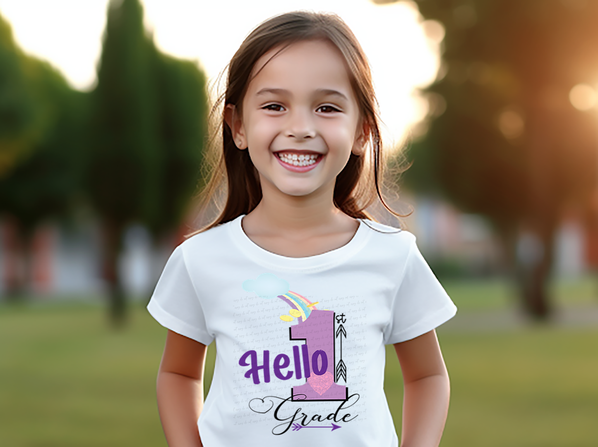 Hello Grade 1 Purple Font Rainbow Arrow 114580 DTF transfer