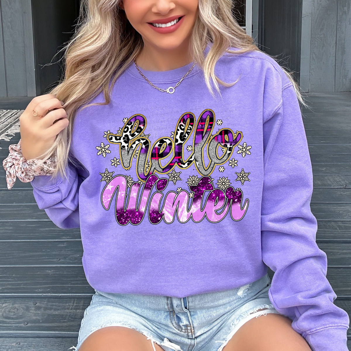 Hello Winter Purple Multi Font Snowflakes 116557 DTF Transfer