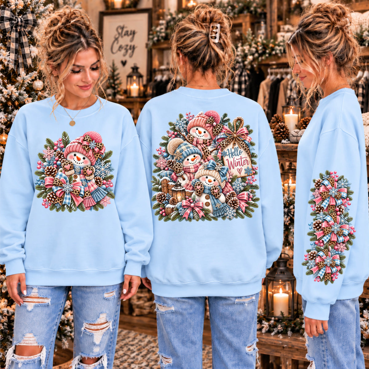 Snowman pink boggin leopard pink and blue bow (FRONT ONLY) (SDD) DTF Transfer