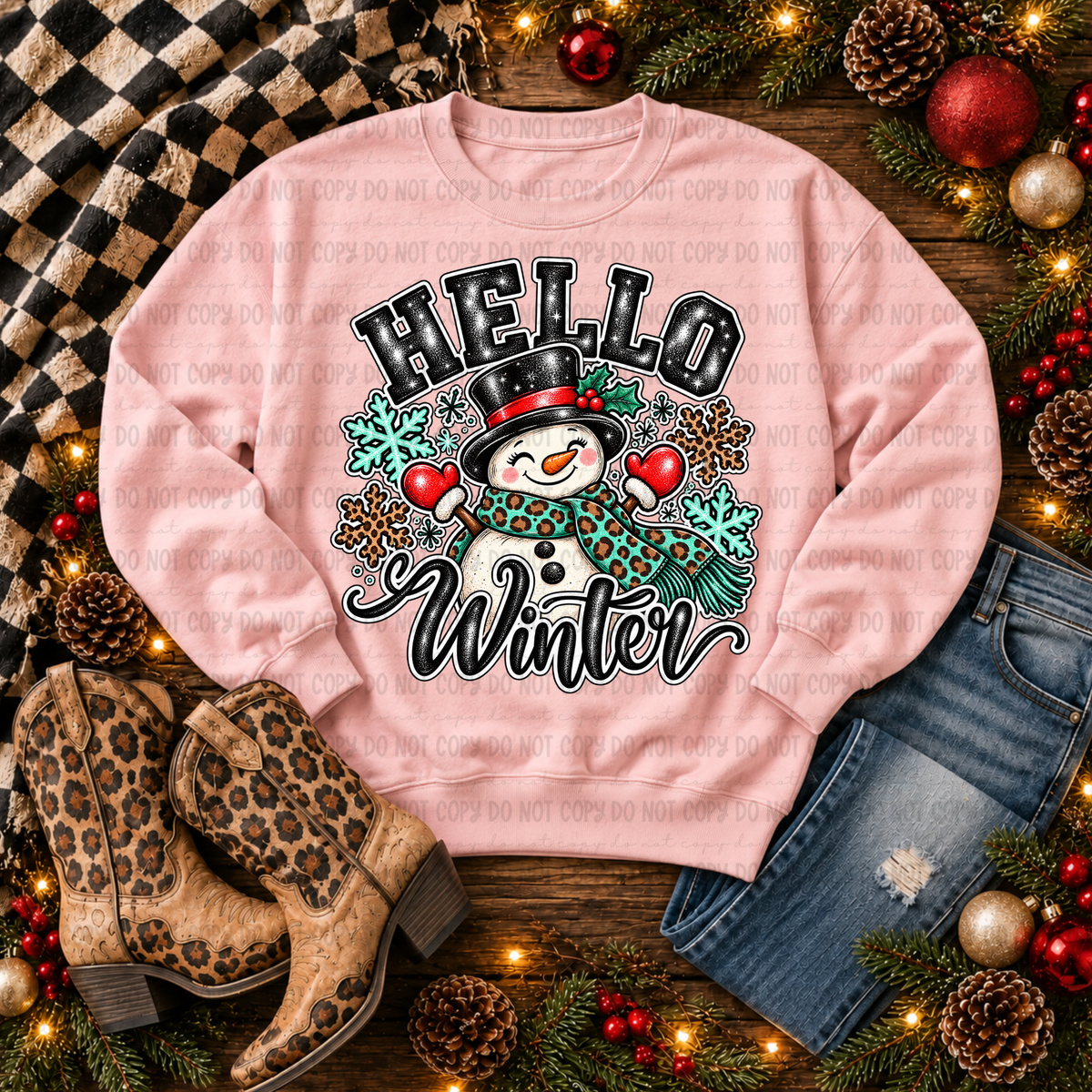 Hello Wintr-snowman with teal leopard scarf (Revel) DTF Transfer