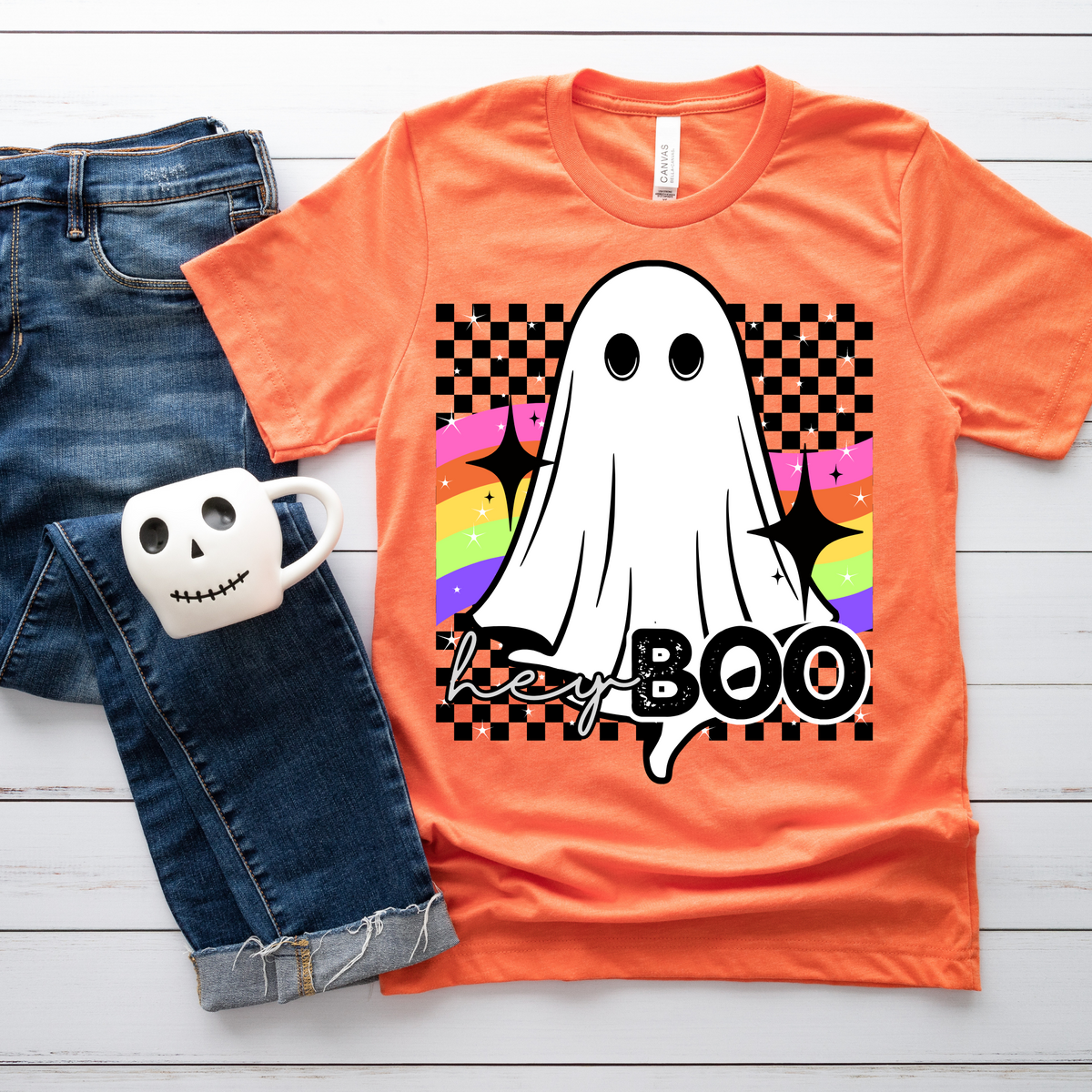 Hey boo ghost with checkered background 10154 DTF TRANSFERS