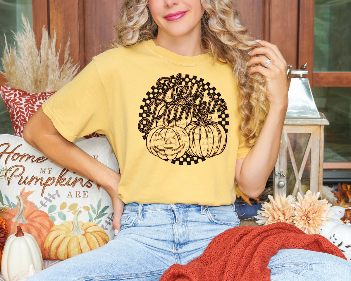 Hey Pumpkin Round Checkered Black 46808 DTF transfer