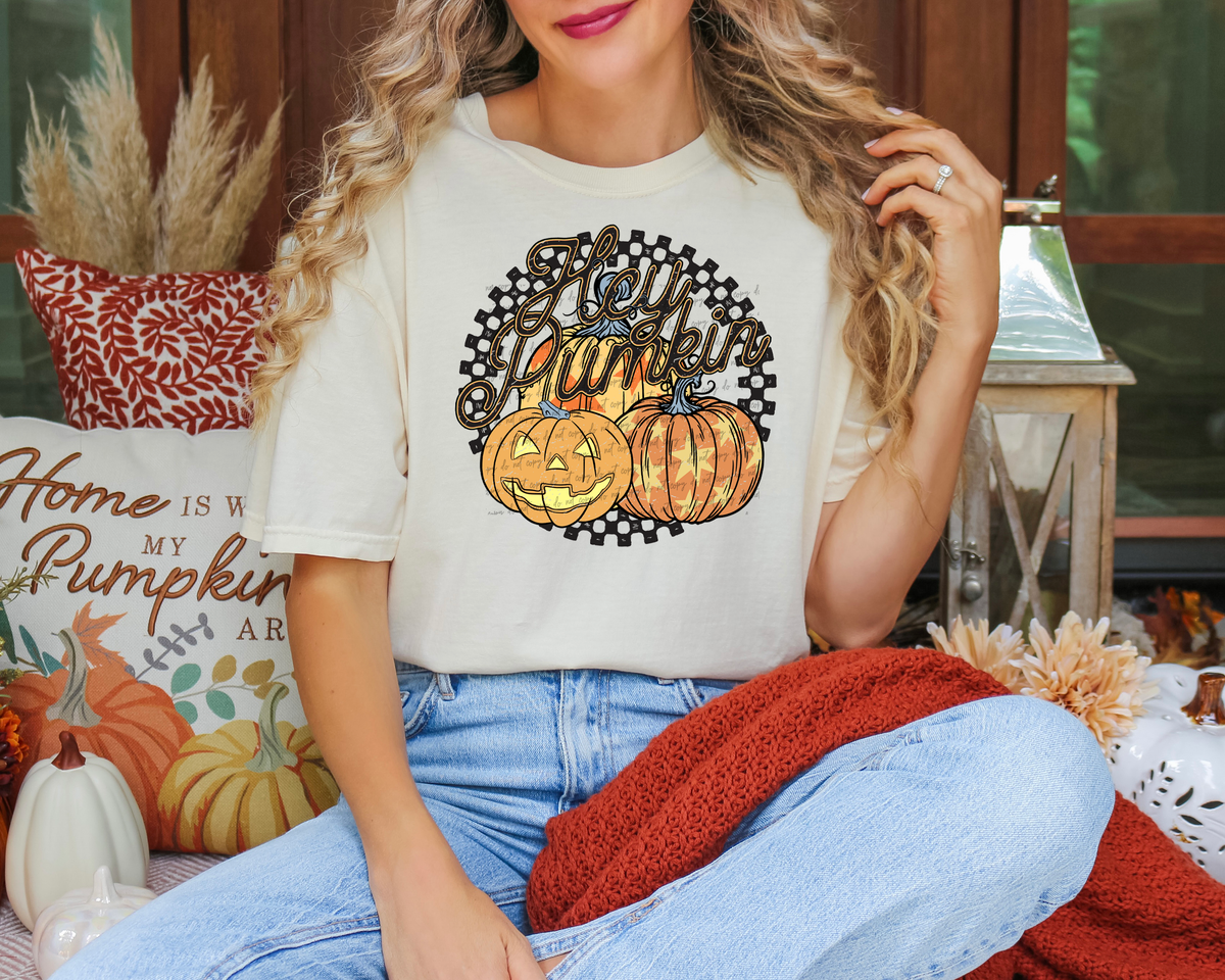 Hey Pumpkin Round Checkered Orange 46809 DTF transfer