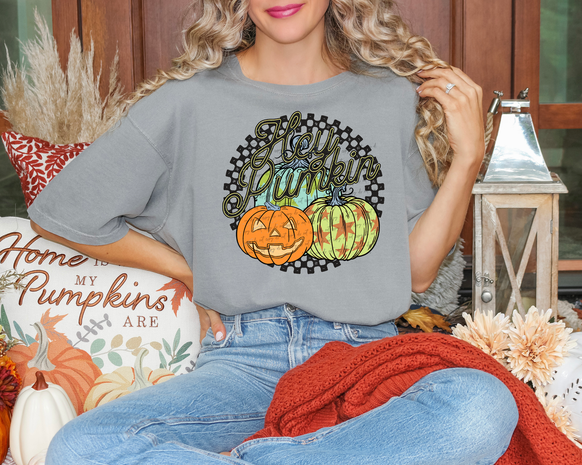 Hey Pumpkin Round Checkered Yellow Outline 46812 DTF transfer