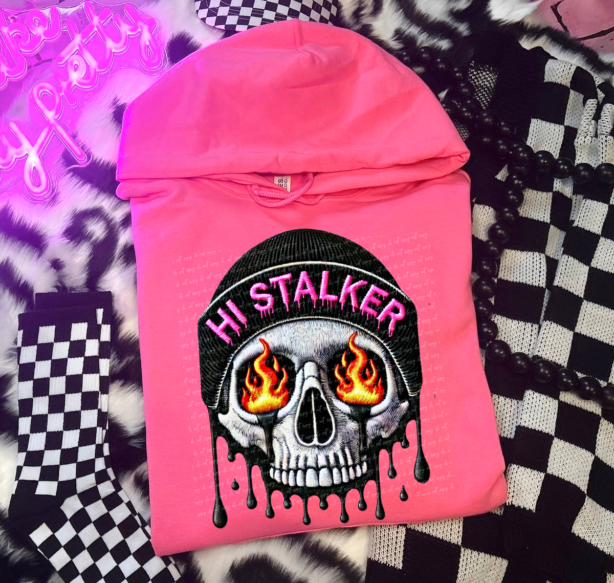 Hi Stalker Beanie Skull Flamed Eyes Faux Embroidery 86042 DTF Transfer