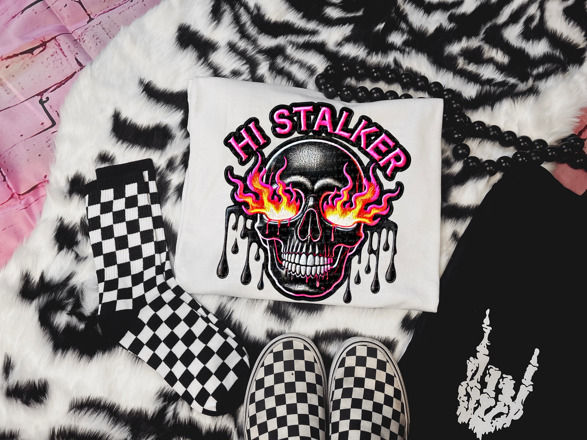 Hi Stalker Flamed Eyes Skull Faux Embroidery 86043 DTF Transfer