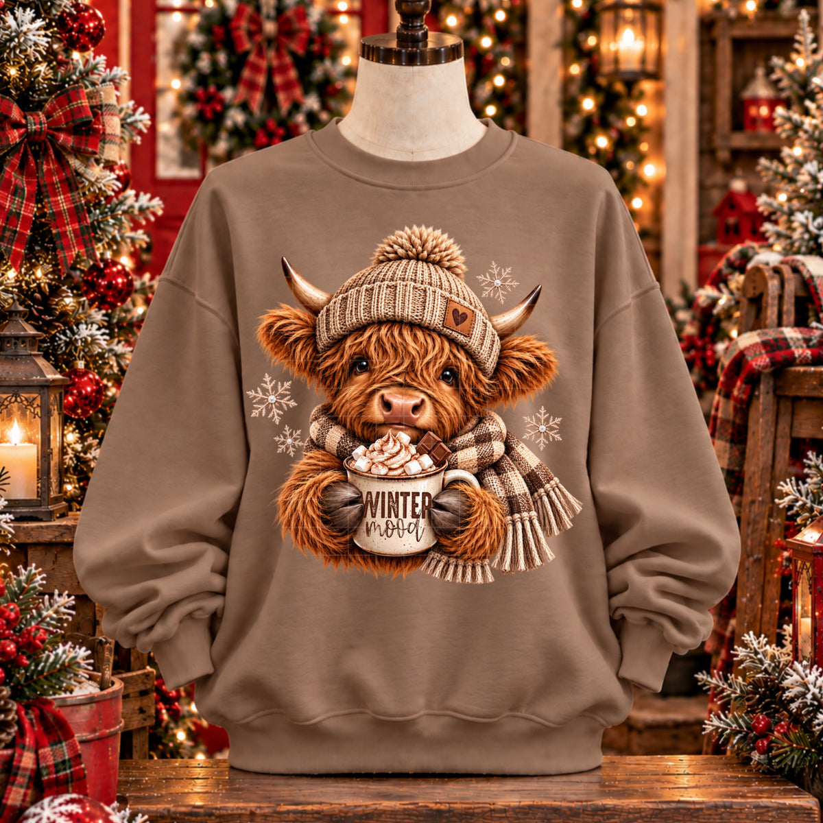 Winter mood highland cow brown boggin and scarf (SDD) DTF Transfer