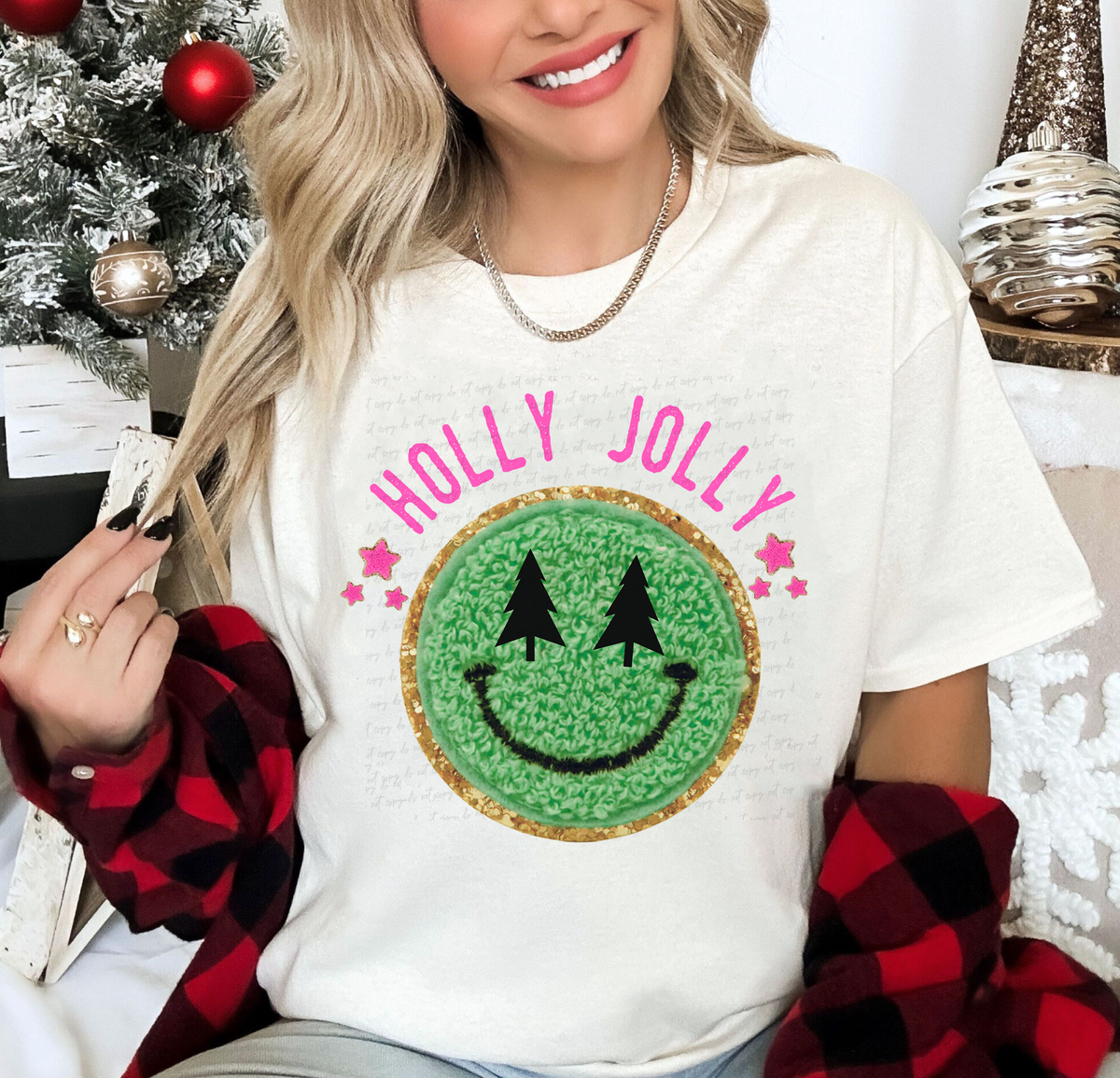 Holly Jolly Pink Green Fuzzy Smiley Face 114957 DTF Transfer