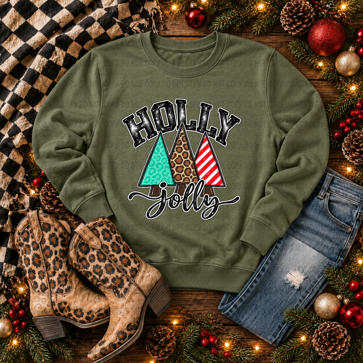 Holly  jolly-green leopard and red stripe trees (Revel) DTF Transfer