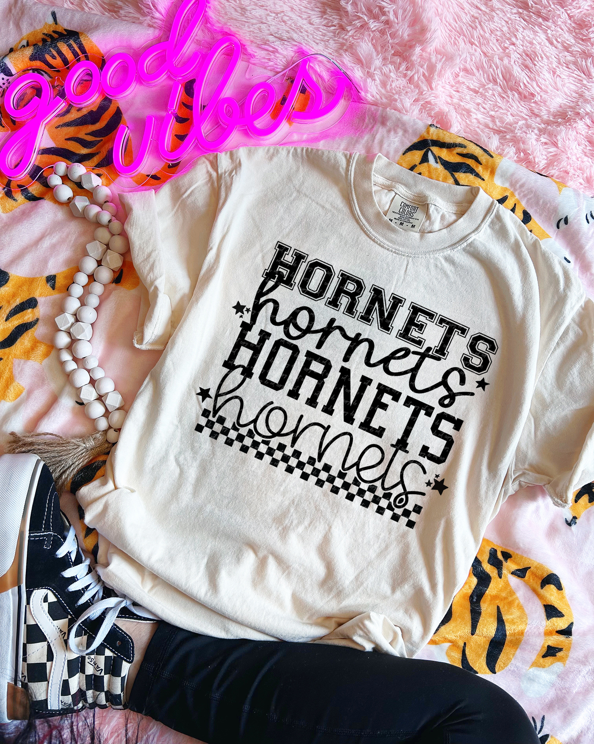 Hornets Varsity And Cursive Font Checkers Black 86624 DTF Transfer