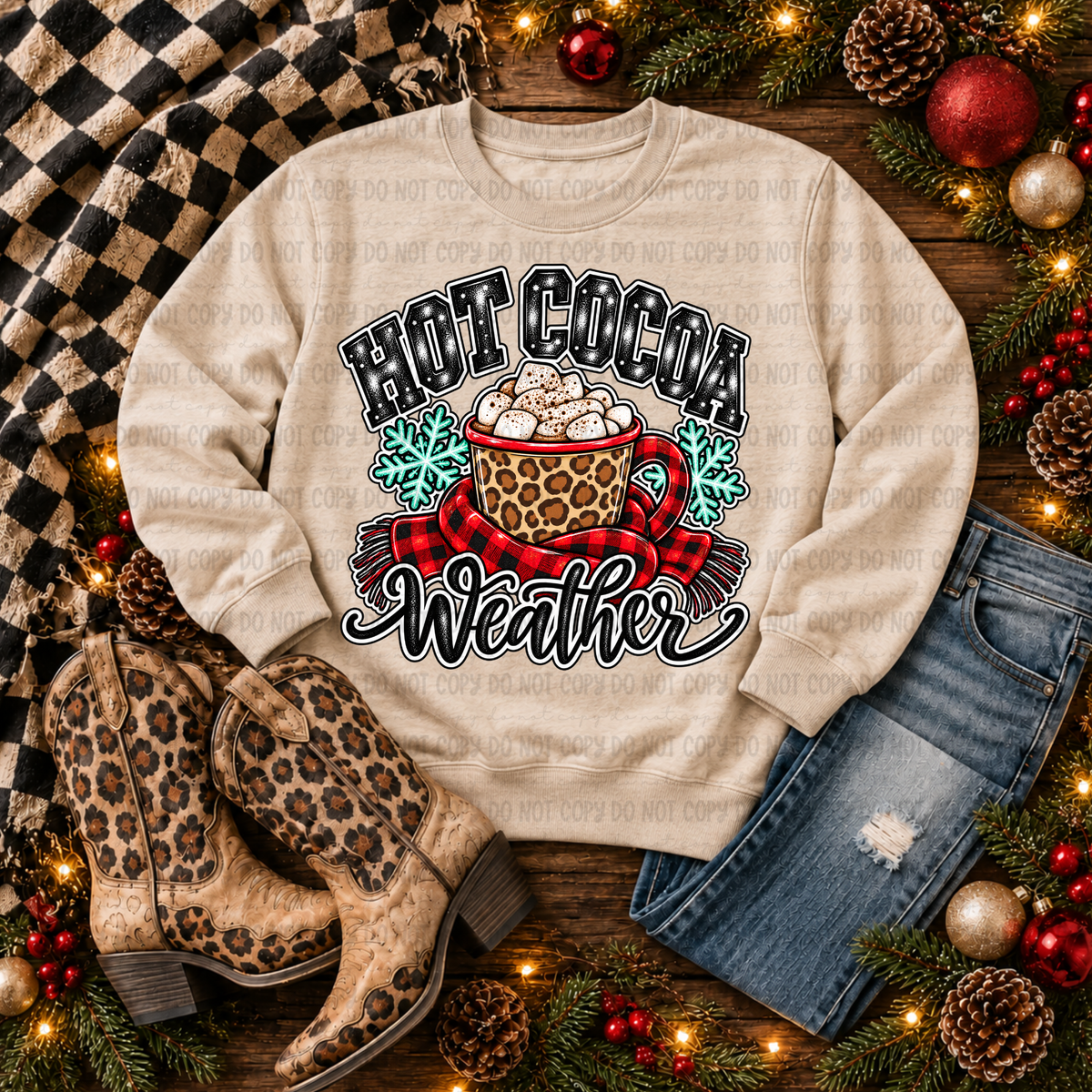 Hot Cocoa Weather- mug wrapped in plaid scarf (Revel) DTF Transfer