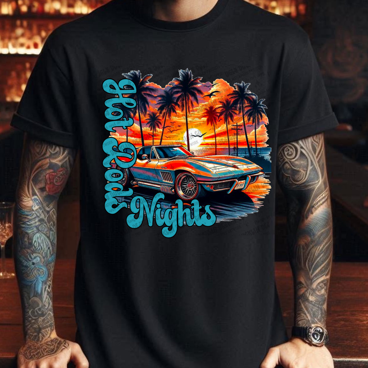 Hot Rod Nights Car in the sunset BLUE FONT (UDD) 68779 DTF transfer