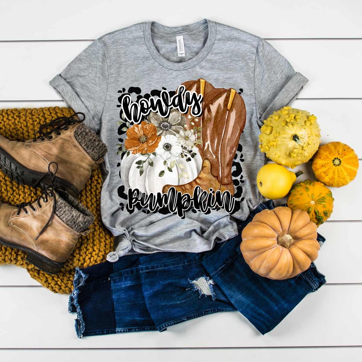 Howdy Pumpkin (white pumpkin with boots) 2641 DTF TRANSFER