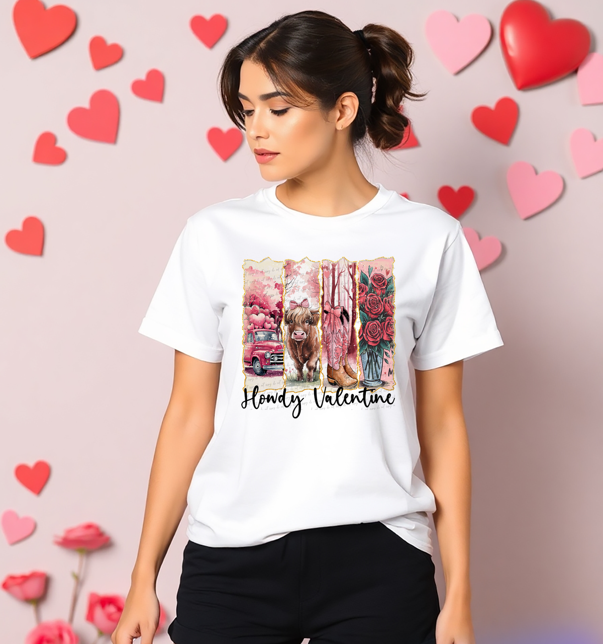 Howdy Valentine Car Cow Boots Roses Black 76676 DTF Transfer