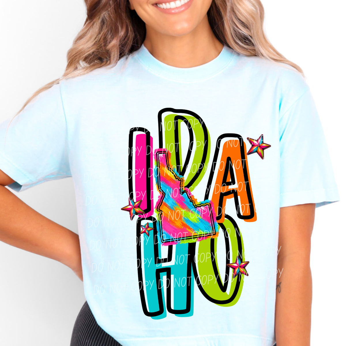 idaho neon rainbow stacked font (city) DTF transfer
