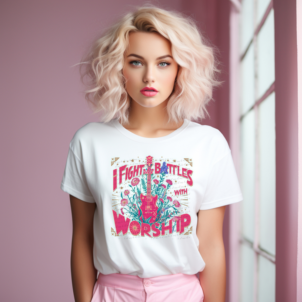 I Fight My Battles With Worship Pink Electric Guitar 76889 DTF Transfer