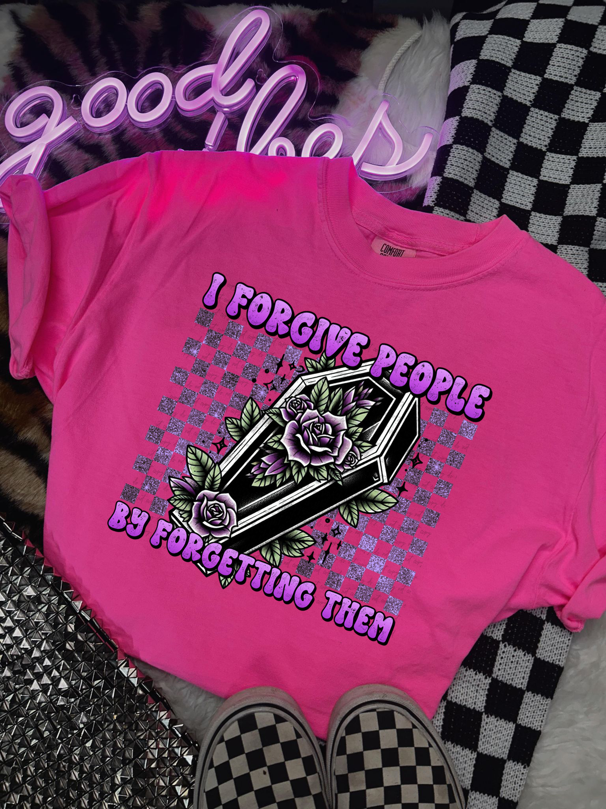 I Forgive People By Forgetting Them Checkered Coffin 74745 DTF Transfer