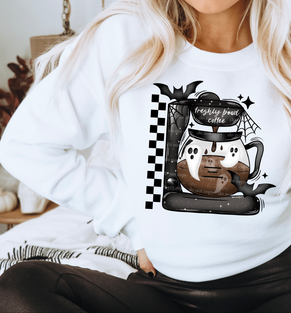 Freshly boo'd coffee (coffee pot) FRONT CSC DTF transfer