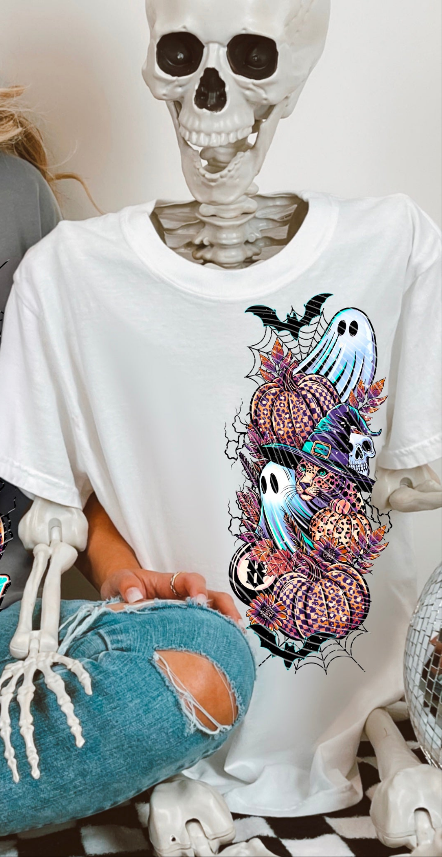 Leopard pumpkins with ghost and bats LONG SIDE OF SHIRT AG  DTF transfer