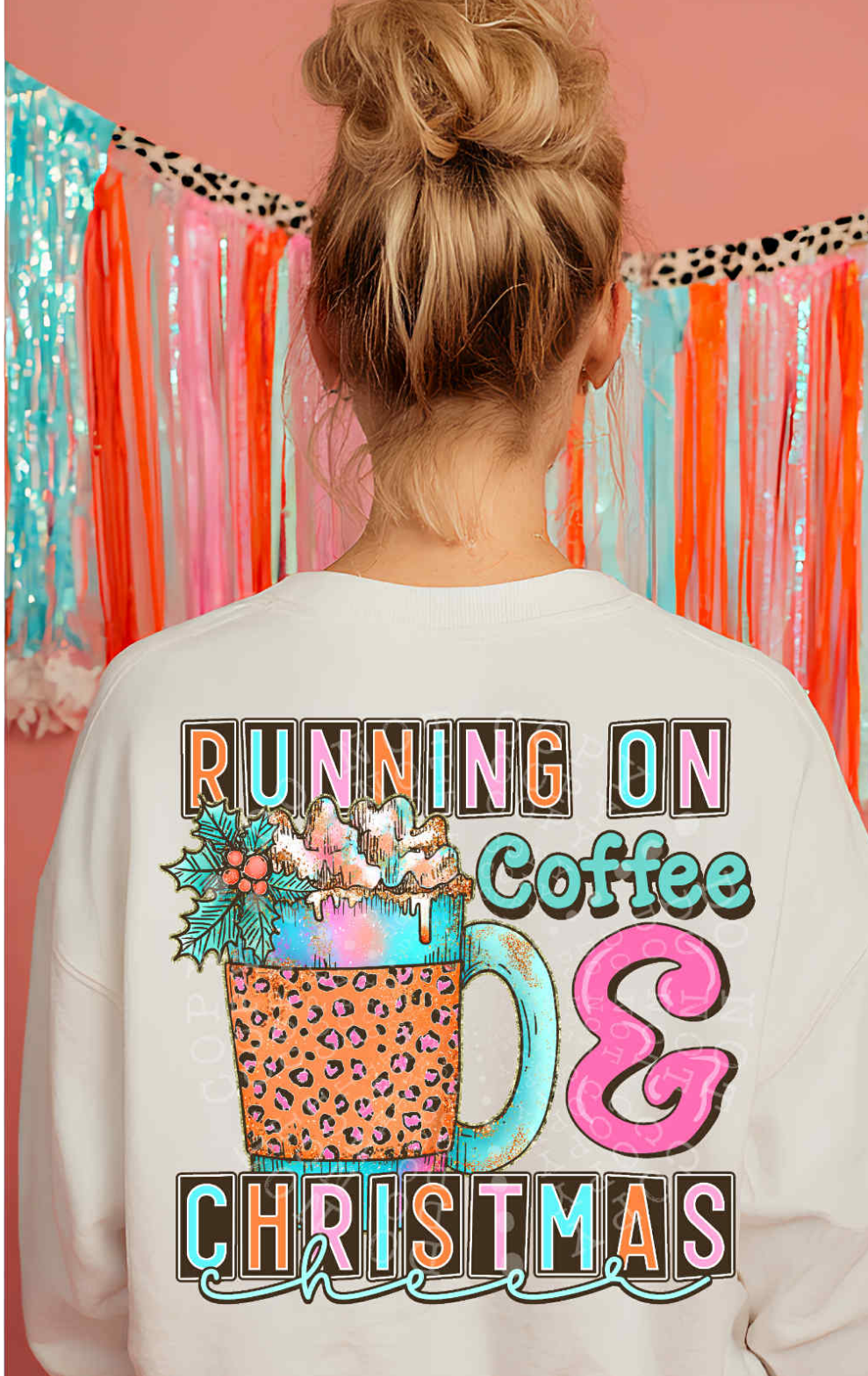 Running on coffee & Christmas cheer colorful leopard cup DTF transfer