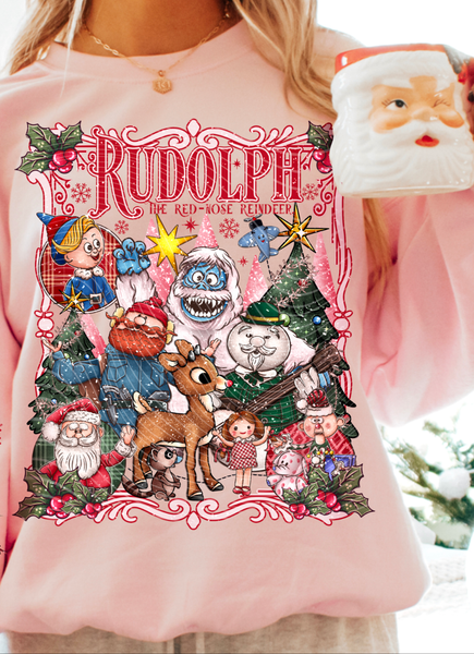 Rudolph the red nose reindeer Red font and outline PINK TREES AG DTF transfer