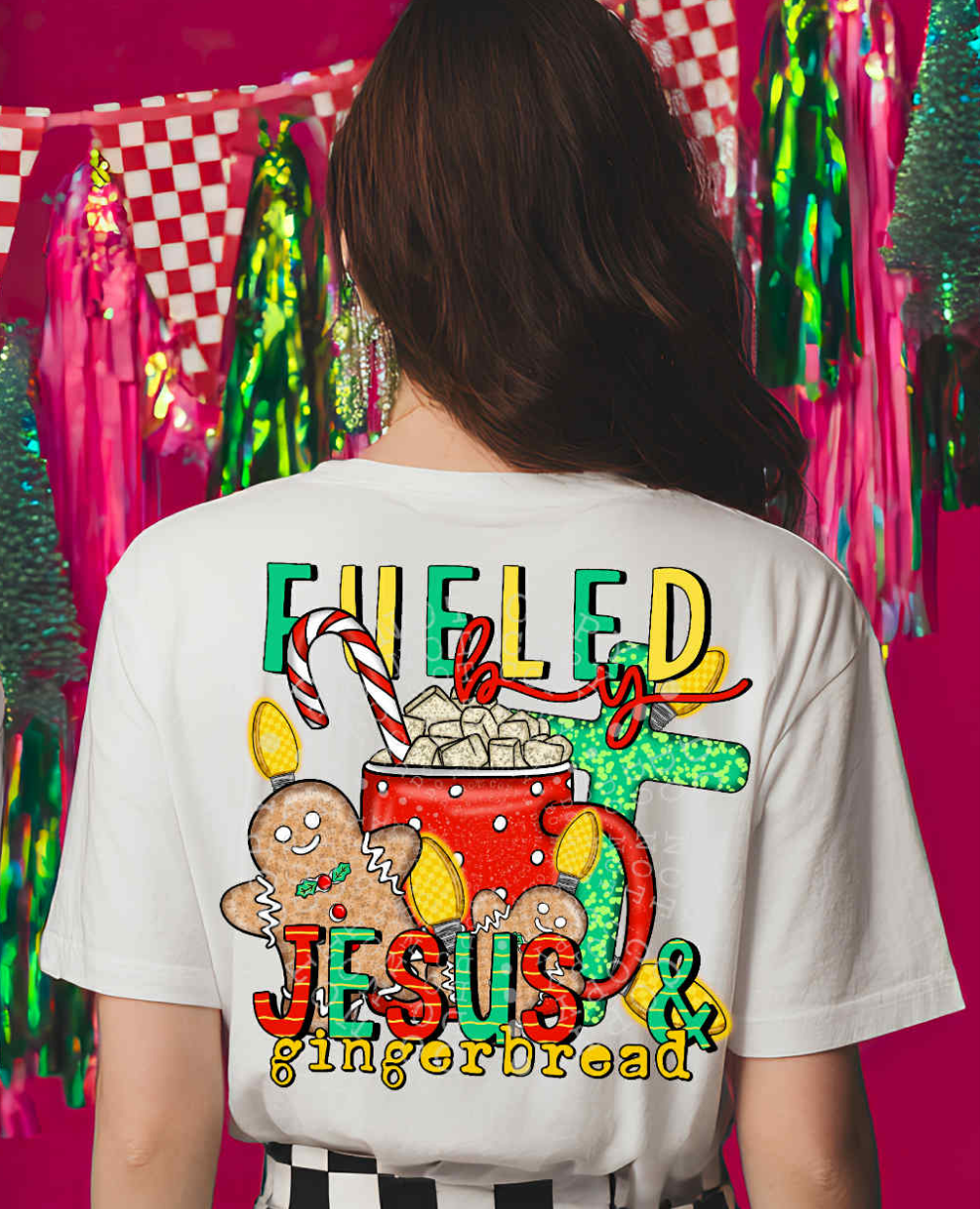 Fueled by Jesus & gingerbread cocoa green cross DTF transfer