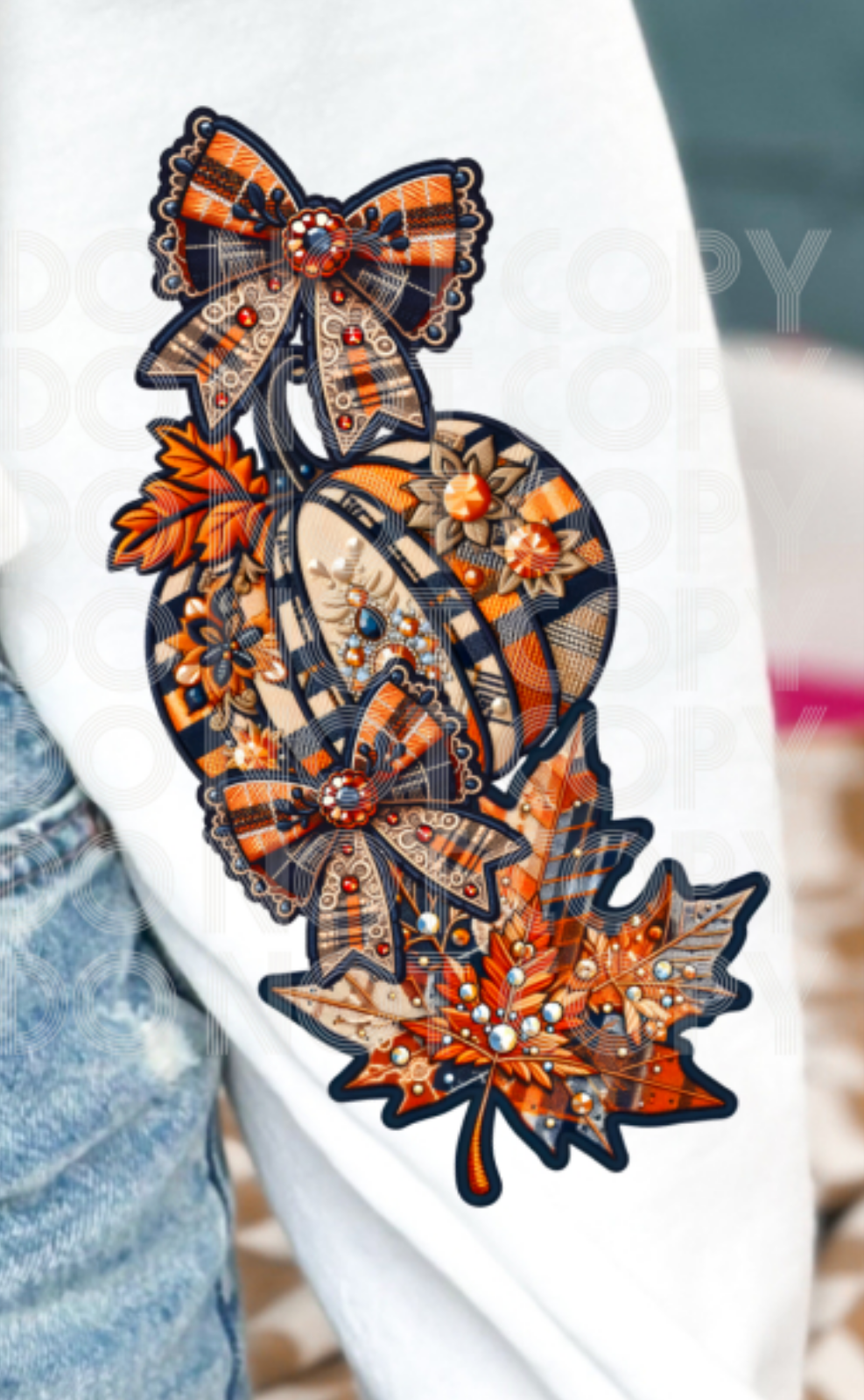 Cozy girl fall SLEEVE plaid pumpkins and leaves PHD  DTF transfer