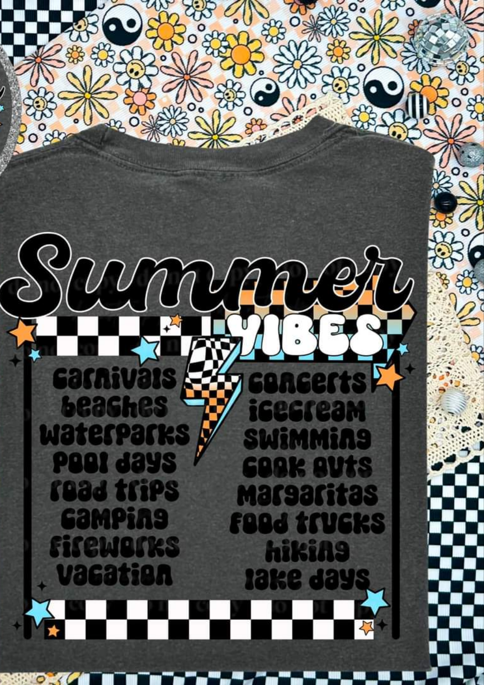 Summer vibes black font white black checkered words CSC DTF transfer